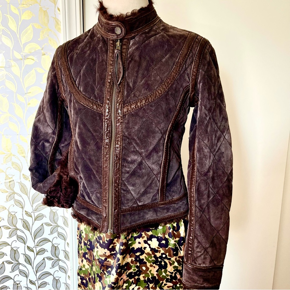 JUNE Quilted Leather Women’s Dark Brown Moto Jacket with Fur Collar/Cuffs, Sz. S